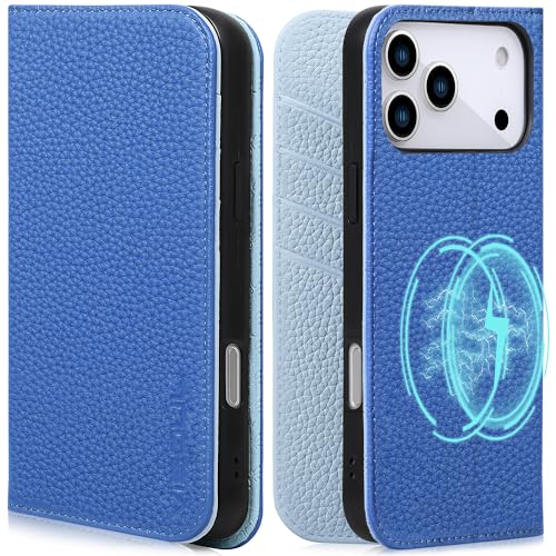 VISOUL Pebbled Leather Wallet Case for iPhone 17 Pro Max 6.9" 2025, Genuine Leather Flip Folio Cover with RFID Blocking Card Holders, Kickstand, Soft TPU Protective Flip Cover -Dark Blue+Light Blue - color: Dark Blue+Light Blue