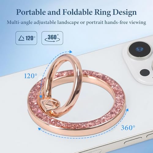 Magnetic Phone Ring for MagSafe Grip [Super Magnet] Gold Twinkle Design Ring Holder Stand, magsafe pop Socket (Rose Gold) - color: Rose Gold