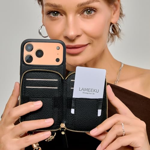 LAMEEKU for iPhone 17 Pro Max Wallet Case with Crossbody Strap, Phone Grip Holder Stand Wrist Strap Cover 6.9 inch Black - color: Black, size: iPhone 17 Pro Max 6.9''