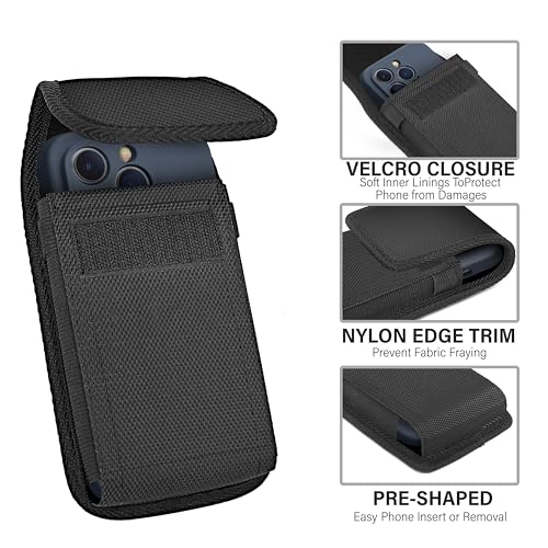 Holster for Large iPhone Plus, Pro Max Models 16 15 14 13 12 11 Xs Max - Cell Phone Belt Holder Case with Clip for Men, Nylon Pouch (Fits Otterbox Cover) Black - size: Large