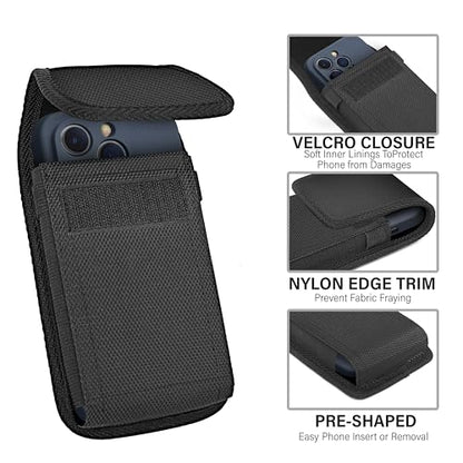 Holster for Large iPhone Plus, Pro Max Models 16 15 14 13 12 11 Xs Max - Cell Phone Belt Holder Case with Clip for Men, Nylon Pouch (Fits Otterbox Cover) Black - size: Large