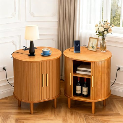 DHH Mid Century Modern Nightstand with Charging Station, Fluted Accent Side Table with Sliding Door & Adjustable Shelf, End Table for Small Space, Living Room, Bedroom,Sofa Couch(1, Yellow) - color: Yellow Walnut