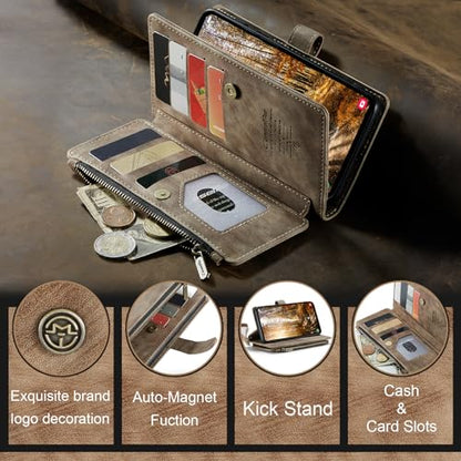 Samsung Galaxy S24+ Plus 5G Wallet Case with Card Holder Kickstand Magnetic Zipper Pocket Lanyard Strap Wristlet,Leather Flip Case Wallet for Samsung Galaxy S24+ Plus 5G 6.7 Inch(Brown) - color: Brown, size: S24+ Plus 6.7 Inch