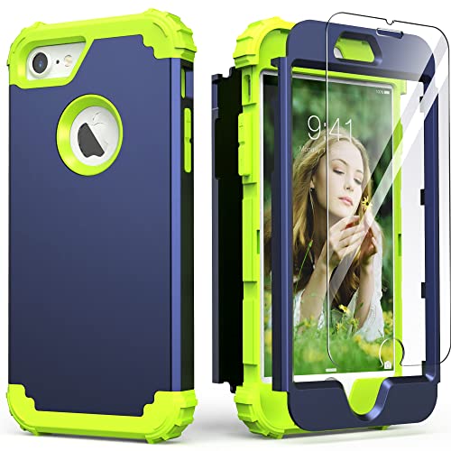 IDweel for iPhone 8 Case,for iPhone 7 Case with Screen Protector, 3 in 1 Shockproof Hybrid Heavy Duty Hard PC Cover Soft Silicone Sturdy Bumper Full Body Sturdy Case,Navy Blue/Grass Green - color: Navy Blue/Grass Green