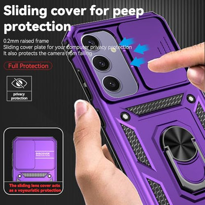 for Samsung Galaxy S24 FE Case with Camera Lens Cover HD Screen Protector, Dual Layer Military-Grade Drop Tested Magnetic Ring Holder Kickstand Protective Phone Case for Galaxy S24 FE (Purple) - color: Purple with camera cover Military-Grade 2nd gen