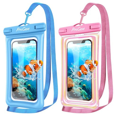ProCase 2 Pack Floating Waterproof Phone Pouch, IPX8 Dry Bag for 7" Phones | Fits iPhone 17/16/15/14, Galaxy S24/S23 & Pixel 8/7. Touchscreen Waterproof Pouch for Swimming, Diving & Snow -Pinkblue - color: Pink/Blue