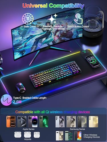 Mouse Pad with 15W Wireless Charging, RGB Gaming Mousepad, 31.5"x11.8" - color: RGB Right-Touch Control-31.5"x11.8"