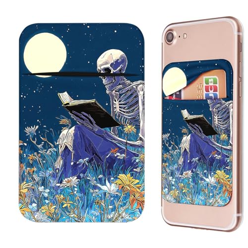 Phone Credit Card Holder Stick on, Cell Phone Pocket Self Adhesive Stretchy Stick on Wallet ID Credit Card Case Pouch Sleeve with Flap for All Smartphones, Book Skull Flower - color: Book Skull Flower