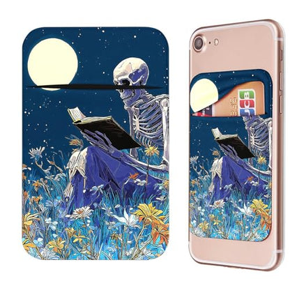 Phone Credit Card Holder Stick on, Cell Phone Pocket Self Adhesive Stretchy Stick on Wallet ID Credit Card Case Pouch Sleeve with Flap for All Smartphones, Book Skull Flower - color: Book Skull Flower