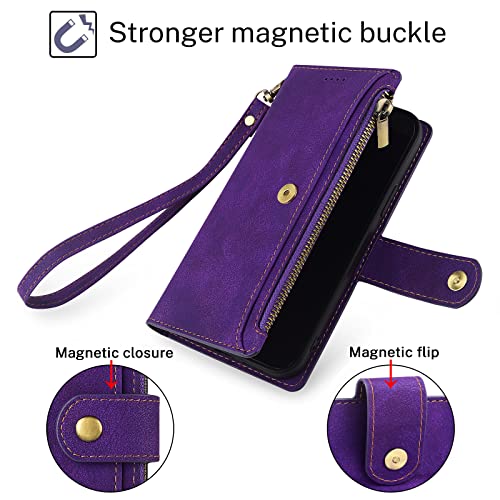 Antsturdy for iPhone 13 Pro Phone Wallet Case Women,(Purple) | RFID Blocking,with Credit Card Holder Slots,PU Leather Purse,Zipper Pocket,Wrist Strap Kickstand,Flip Folio Cover for Men - color: Z - Purple