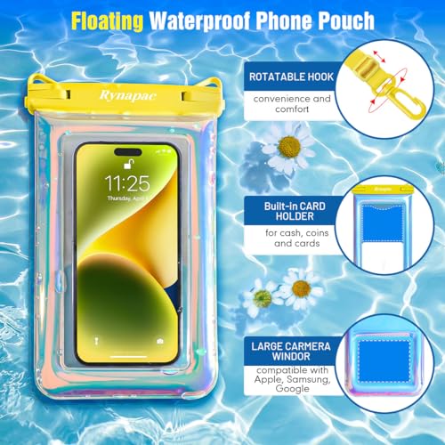 Rynapac Waterproof Phone Pouch Floating [Up to 8.5''], 2 Pack IPX8 Dry Bag | Touchscreen & Underwater Photography, Adjustable Lanyard, for iPhone 17 16 15 14 Pro Max, Gglaxy S25, Beach Cruise Essentials - color: Iridescent, size: Regular Size [8.5inch]