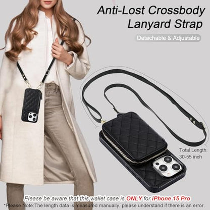 Bocasal Crossbody Wallet Case Card Holder for iPhone 15 Pro, Black | RFID Blocking PU Leather Zipper Handbag Purse, Kickstand Flip Folio Case with Card Slots Holder Wrist Strap Lanyard 6.1 Inch - color: Black