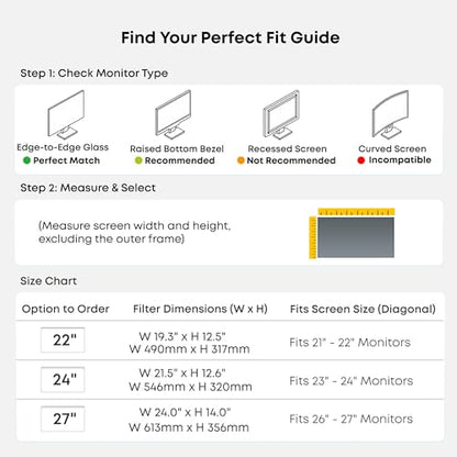 Hanging Privacy Screen Protector for Monitor (Fits 26-27 Inch Frameless), 30°+ Full Privacy & 95% Light Blocking, Instant Setup, 87% Blue Light & 97% UV Block, Office Data Security & Eye Protection - size: 27"-16:9 (24.12"L x 14.02"W)