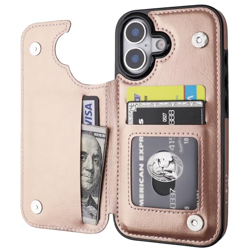 ONETOP for iPhone 17 Wallet Case with Credit Card Holder,Rosegold | Kickstand,ID/Cash Holder,Case Wallet with Card Slots,Double Magnetic Clasp,Durable PU Leather Shockproof Cover for Women Men - color: Rose Gold