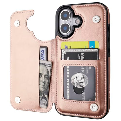 ONETOP for iPhone 17 Wallet Case with Credit Card Holder,Rosegold | Kickstand,ID/Cash Holder,Case Wallet with Card Slots,Double Magnetic Clasp,Durable PU Leather Shockproof Cover for Women Men - color: Rose Gold