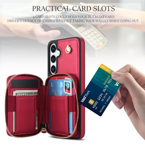 Asuwish Phone Case for Samsung Galaxy S25 5G Wallet Cell Cover with Tempered Glass Screen Protector Wrist Crossbody Strap RFID Blocking Credit Card Holder Slot S 25 25S 25 25S SM-S931U Women Girls Red - color: Red