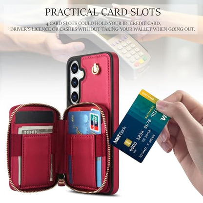 Asuwish Phone Case for Samsung Galaxy S25 5G Wallet Cell Cover with Tempered Glass Screen Protector Wrist Crossbody Strap RFID Blocking Credit Card Holder Slot S 25 25S 25 25S SM-S931U Women Girls Red - color: Red
