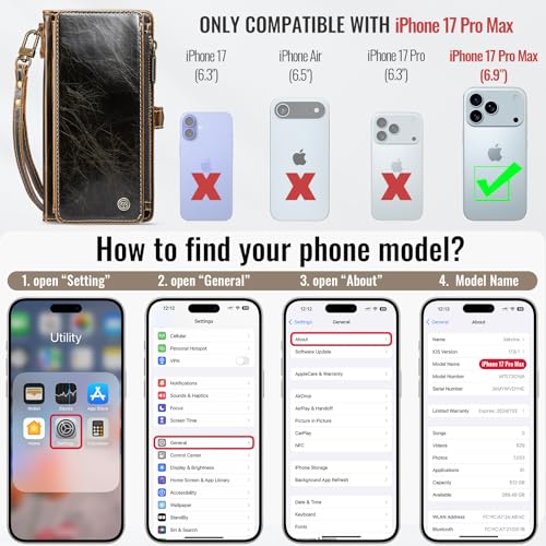 Defencase for iPhone 17 Pro Max Wallet Case with RFID Card Holder, Coffee | Durable Soft PU Leather, with Zipper Pocket, Wrist Strap, Fashion Snap Flip Phone Cases Cover with Stand for Women and Men - color: Coffee