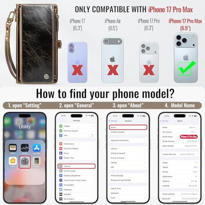 Defencase for iPhone 17 Pro Max Wallet Case with RFID Card Holder, Coffee | Durable Soft PU Leather, with Zipper Pocket, Wrist Strap, Fashion Snap Flip Phone Cases Cover with Stand for Women and Men - color: Coffee