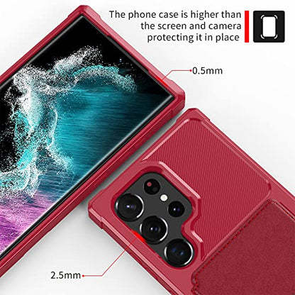 for Samsung Galaxy S22 Ultra Case with Card Holder, Compatible with Magnetic Car Mount, Heavy Duty Shockproof Rugged Soft TPU Back Leather Flip Wallet Cover 6.8 inch, Red | Compatible with Magnetic Car Mount, Shockproof Rugged Soft TPU Hard Back Leather W