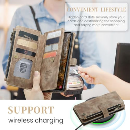 Samsung Galaxy S24+ Plus 5G Wallet Case with Card Holder Kickstand Magnetic Zipper Pocket Lanyard Strap Wristlet,Leather Flip Case Wallet for Samsung Galaxy S24+ Plus 5G 6.7 Inch(Brown) - color: Brown, size: S24+ Plus 6.7 Inch