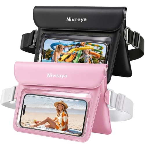 Niveaya Double Space Waterproof Fanny Pack, IPX8 Waterproof Dry Bag Waist Pouch for Beach, Kayaking, Swimming, Boat Travel Essentials, Waterproof Phone Bag & Passport Holder for Women Men(2 Pack) - color: Black+Pink