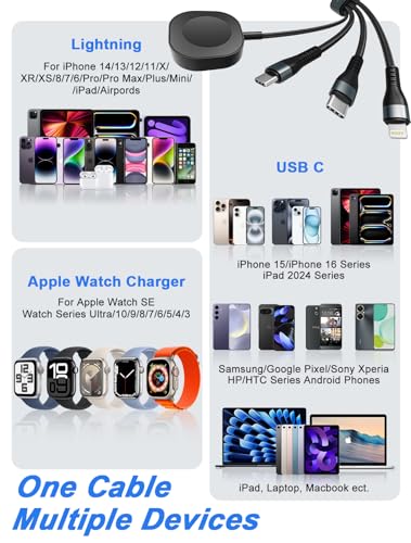 100W 2 USB C Multi Charging Cable for Apple Watch - 10ft USB C Fast Charging Cord with Dual USB-C (100W/10W), Lightning & Magnetic Apple Watch Charger, Braided for iPhone 17-14, iPad, Galaxy S24/S23