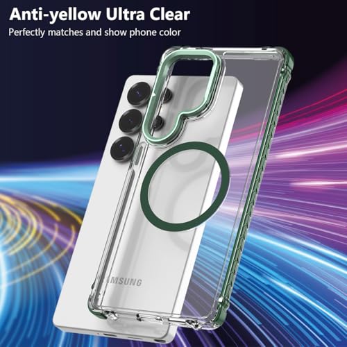 Nvollnoe for Samsung S25 Ultra Case Compatible with MagSafe Military Grade Shockproof Heavy Duty Protective Adjustable Kickstand Ultra Clear Magnetic Phone Case for Samsung S25 Ultra(Green) - color: Clear-Green