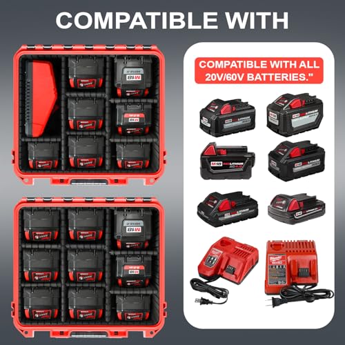 Case for Milwaukee Battery - Waterproof Hard Box with 9 Adjustable Dividers | Design for Milwaukee M18/ M12 12V/20V/60V Battery & Chargers,keep battery accessory neatly protected during daily transport