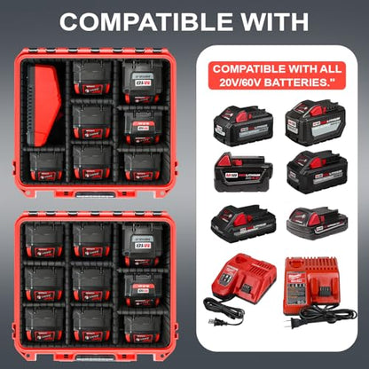 Case for Milwaukee Battery - Waterproof Hard Box with 9 Adjustable Dividers | Design for Milwaukee M18/ M12 12V/20V/60V Battery & Chargers,keep battery accessory neatly protected during daily transport