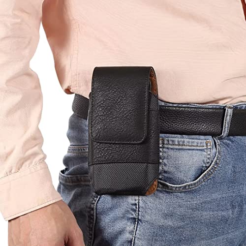 Cell Phone Belt Clip Holster Leather Men, Cell Phone Waist Bag with Card Holder, Vertical Leather Smartphone Pouch with Belt Loop Carry Case Travel Outdoor Camping Phone Belt Holder Wallet Fanny Pack - color: Black, size: 6.1 INCH