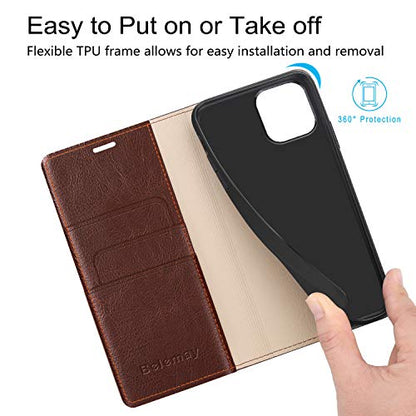 Belemay Case Compatible with iPhone 15 Wallet Case-Genuine Leather-RFID Blocking Card Holders-Shockproof TPU Shell-Kickstand-Durable Flip Cover-Book Folding Phone Case Women Men (6.1-inch) Brown - color: Brown, size: iPhone 15