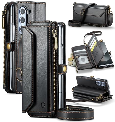 Strapurs Crossbody Wallet Case Compatible with Samsung Galaxy Z Fold 6 with RFID Blocking Card Holder & Pen Holder Slot Soft PU Leather Shoulder Strap Zipper Pocket Purse Fold 6 Phone Case, Black | RFID Blocking 5-Card Holder, Shoulder Lanyard, Wirst Stra
