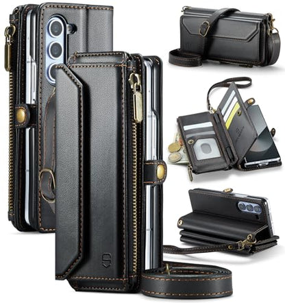 Strapurs Crossbody Wallet Case Compatible with Samsung Galaxy Z Fold 6 with RFID Blocking Card Holder & Pen Holder Slot Soft PU Leather Shoulder Strap Zipper Pocket Purse Fold 6 Phone Case, Black | RFID Blocking 5-Card Holder, Shoulder Lanyard, Wirst Stra