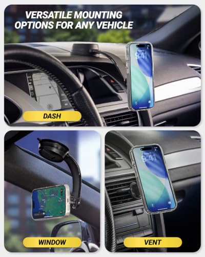 Scosche MagicMount MS Flex MagSafe Phone Holder for Car, Magnetic Phone Mount with StickGrip Suction Cup for Dashboard & Windshield, Includes Vent Clip for Vent Mount, Compatible with iPhone & Android