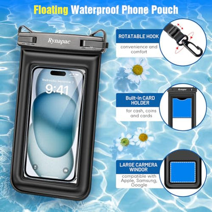 Rynapac Waterproof Phone Pouch Floating [Up to 8.5''], 2 Pack IPX8 Dry Bag | Touchscreen & Underwater Photography, Adjustable Lanyard, for iPhone 17 16 15 14 Pro Max, Gglaxy S25, Beach Cruise Essentials - color: Black + Black, size: Regular Size [8.5inch]