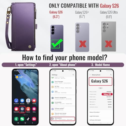 Defencase for Samsung Galaxy S26 Wallet Case with RFID Card Holder, Purple | Durable Soft PU Leather, with Zipper Pocket, Wrist Strap, Fashion Snap Flip S26 Phone Cases Cover with Stand for Women Men - color: Purple