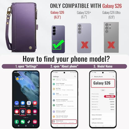 Defencase for Samsung Galaxy S26 Wallet Case with RFID Card Holder, Purple | Durable Soft PU Leather, with Zipper Pocket, Wrist Strap, Fashion Snap Flip S26 Phone Cases Cover with Stand for Women Men - color: Purple