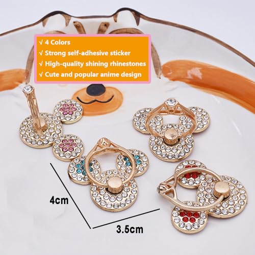 4 Pack Crystal Anime Finger Ring Holder Sparkly Rhinestone Mouse Phone Ring Grips, 360℃ Rotatable Self-Adhesive Decal Stickers Premium Gold Cell Phone Grip Adorable Bear Finger Ring Holder