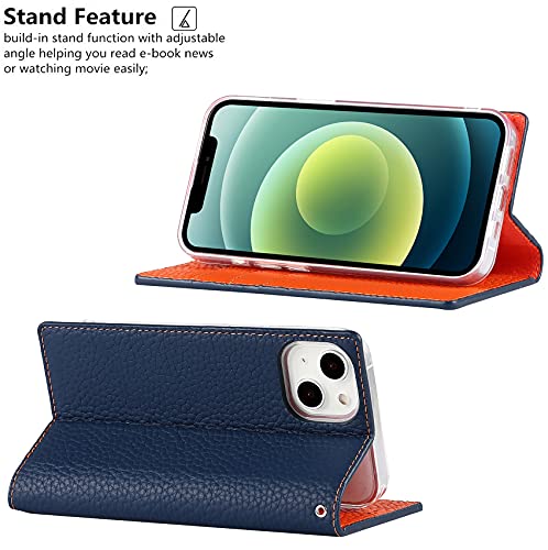 iCoverCase Compatible with iPhone 13 Wallet Case, RFID Blocking Genuine Leather Magnetic Case with Wrist Strap and Card Slots Kickstand Feature Flip Cover 6.1 Inch (Navy Blue) - color: Navy Blue, size: iPhone 13
