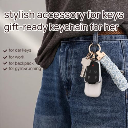 Blue Floral Scrunchie Wristlet Keychain– Tarnish-Resistant Key Ring - color: Blue Floral Wrist Keychain