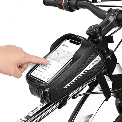 Bike/Bicycle Phone Holder Bag, Bicycle Front Frame Bag, Waterproof Tube Bag, Bike Accessories, Cycling Pouch with TPU Touch-Screen& Sun-Visor Compatible Phone Under 6.5” (Black) - color: Black