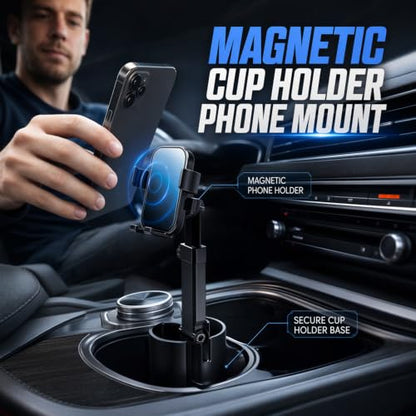 Car Cup Holder Phone Mount, 2026 New Car Phone Holders for Your Car, 360° Adjustable, Strong N52 Magnet, One-Hand Operation Cell Phone Holder Mount for All Smartphones (2, Black-Magnetic Model)