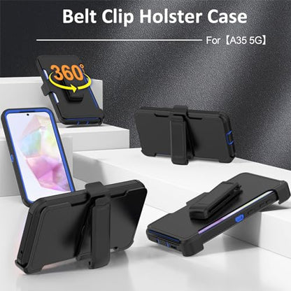Compatible with Samsung Galaxy A35 Case, with Belt Clip Holster Heavy Duty Rugged Shockproof Full Body Protection Kickstand Cover for Samsung Galaxy A35 Phone (Black+Blue) - color: Black+Blue