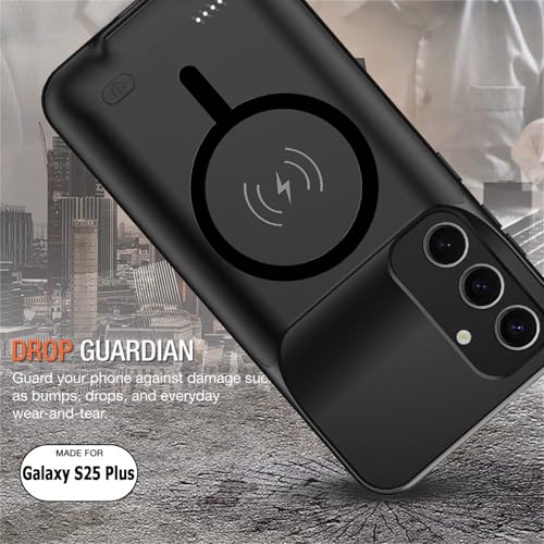 Wireless Charging Case for Galaxy S25 Plus, Upgraded 12000mAh Rechargeable Portable Charging Case Compatible with Galaxy S25 Plus 5G (6.7 inch) with Carplay Extended Battery Pack Charger Case (Black) - size: Galaxy S25 Plus -12000mAh
