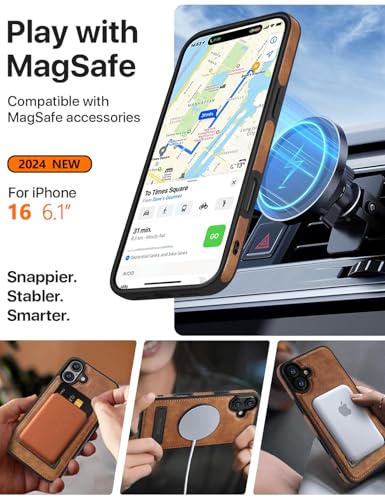 WTCASE Magnetic for iPhone 16 Leather Case,Built-in Invisible Stand [Compatible with Magsafe] Protective Slim Kickstand Phone Cover Compatible with iPhone 16 (2024) 6.1" (Brown) - color: Brown, size: iPhone 16 - 6.1"