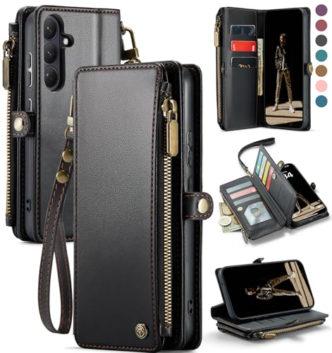 Defencase for Samsung Galaxy S26 Wallet Case with RFID Card Holder, Black | Durable Soft PU Leather, with Zipper Pocket, Wrist Strap, Fashion Snap Flip S26 Phone Cases Cover with Stand for Women Men - color: Black