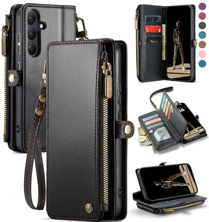 Defencase for Samsung Galaxy S26 Wallet Case with RFID Card Holder, Black | Durable Soft PU Leather, with Zipper Pocket, Wrist Strap, Fashion Snap Flip S26 Phone Cases Cover with Stand for Women Men - color: Black