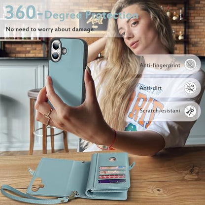for Wallet Case Compatible with iPhone 17,Multi-Function Detachable 2 in 1 Magnetic iPhone 17 Case Wallet,Flip Strap Zipper Card Holder Phone Case with Shoulder Straps (Blue) - color: Blue, size: iPhone 17