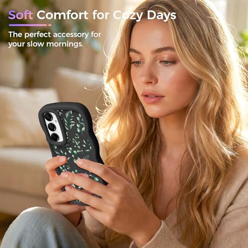 for Galaxy A15 Phone Case, Wavy Soft TPU, Black-Eucalyptus | Wavy Frame Design, Soft Slim TPU, Full Camera Lens Protection, Shockproof Phone Cover - color: Black-Eucalyptus, size: Samsung A15
